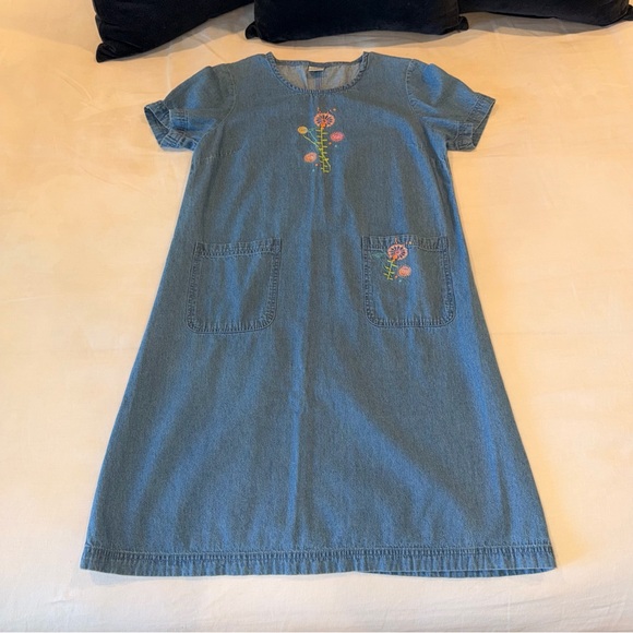 Blair Dresses & Skirts - Denim Embroidered Floral Dress Blue Cottagecore Pockets Short Sleeve S